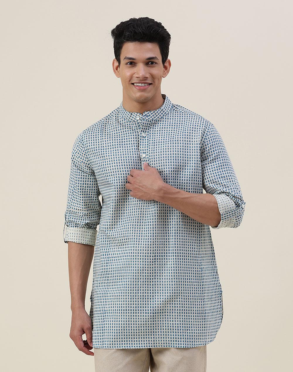 teal linen blend printed slim fit short kurta