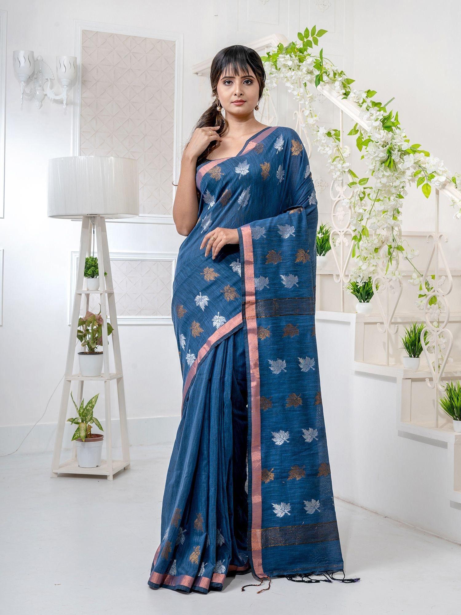 teal linen handwoven soft saree with zari border with unstitched blouse