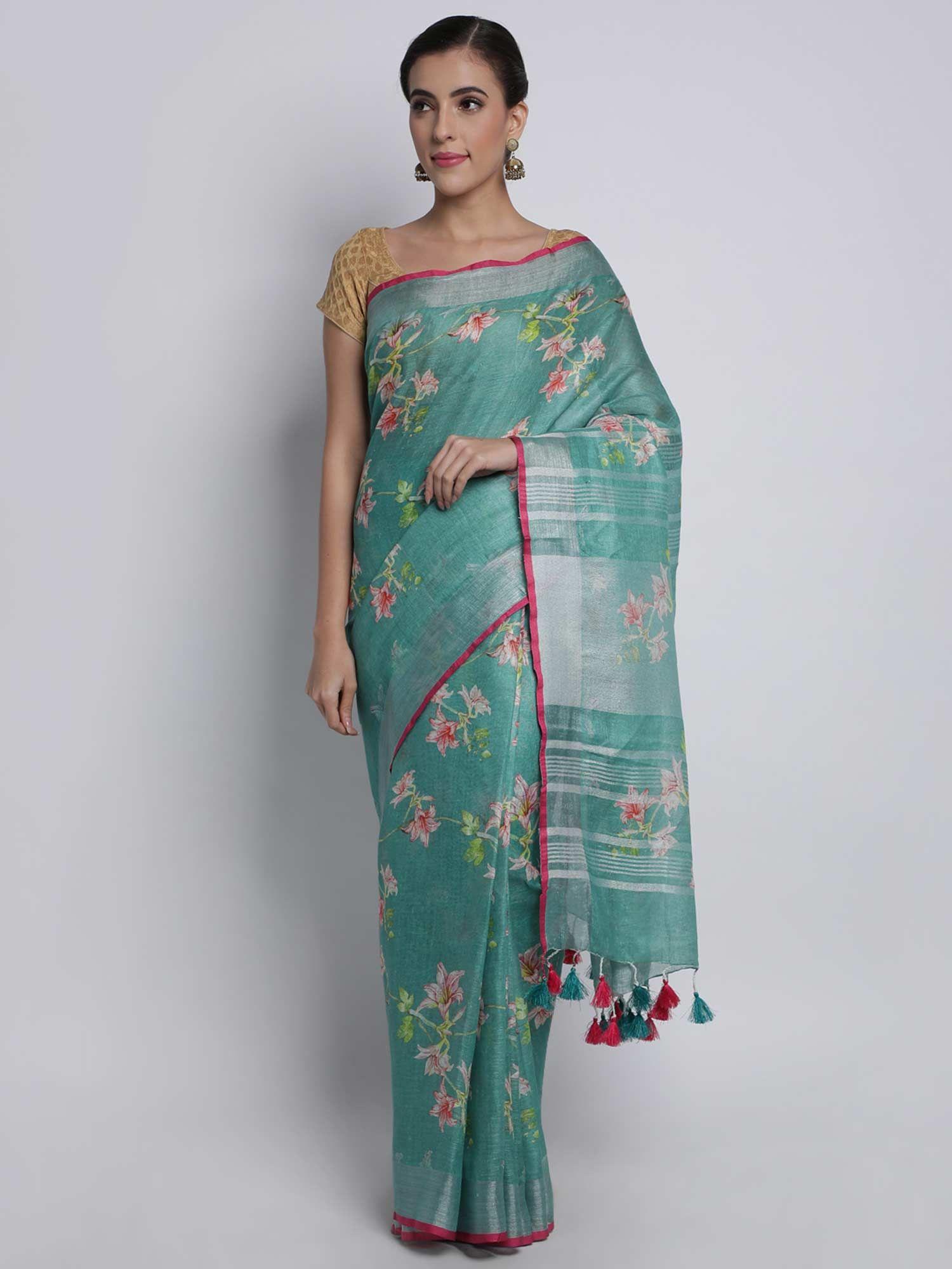teal linen print handloom saree with unstitched blouse