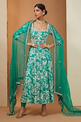 teal modal floral printed & mirror embellished anarkali set