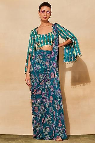 teal modal printed sharara pant saree set