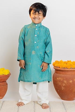 teal muslin printed kurta set for boys