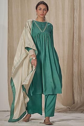 teal muslin silk embroidered kurta set