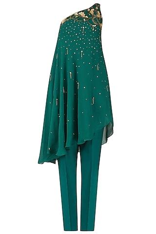 teal nouveau embroidered one shoulder tunic with straight fit pants