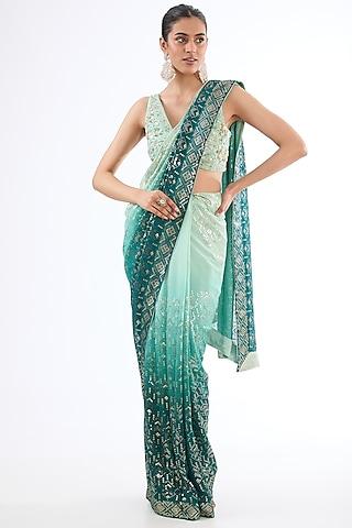 teal ombre georgette sequins embroidered saree set