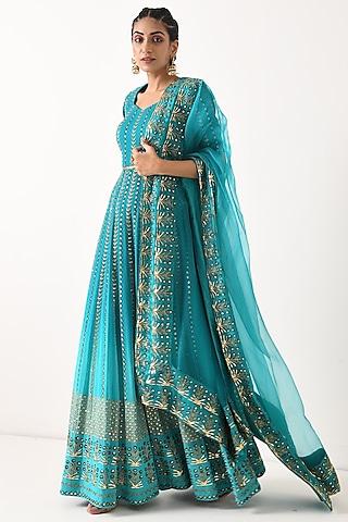 teal ombre sequins embroidered anarkali set