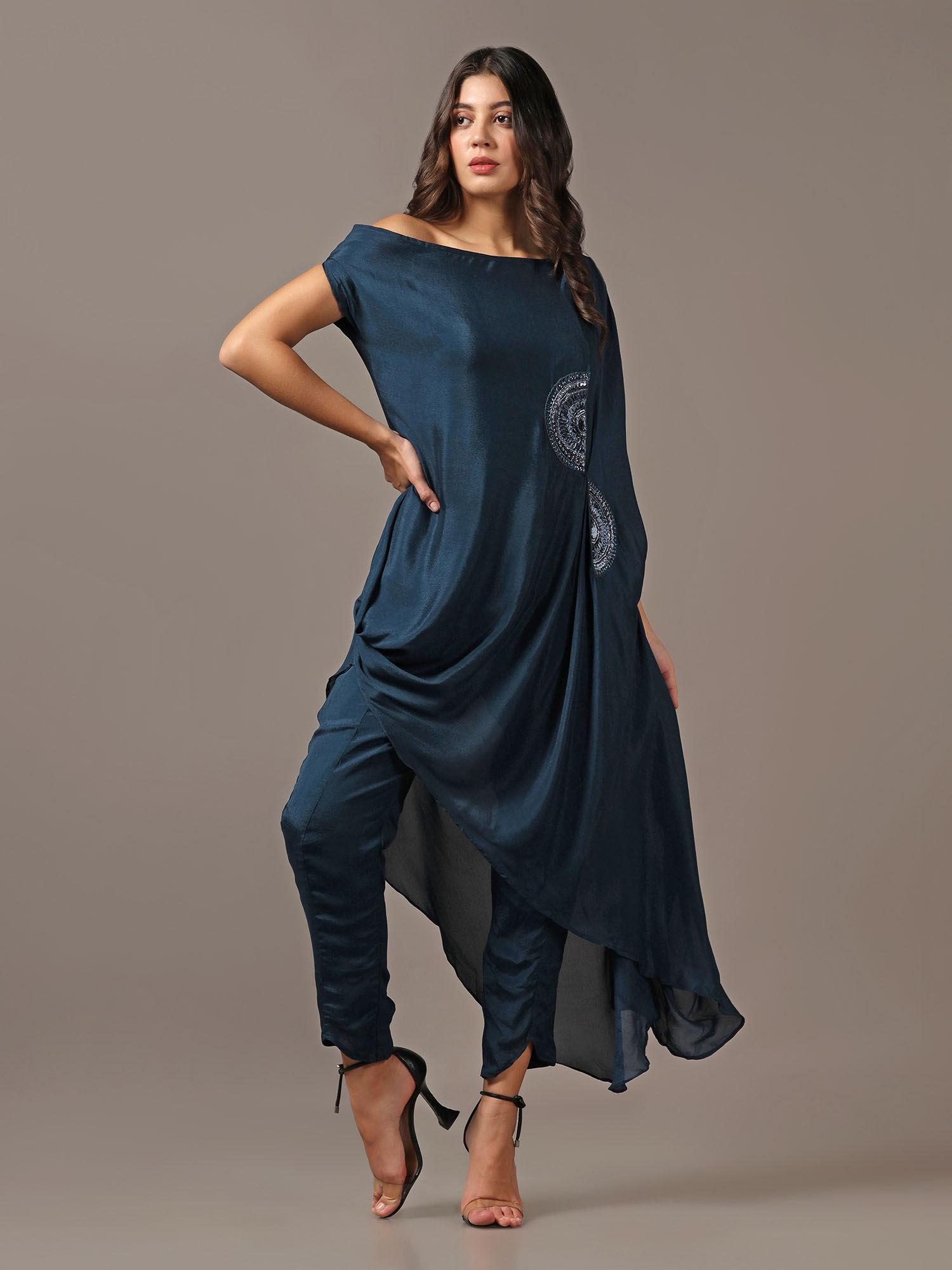 teal one shoulder drape top with pants (set of 2)
