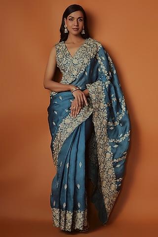 teal organza aari work saree set