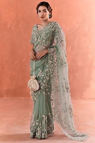 teal organza embroidered saree set
