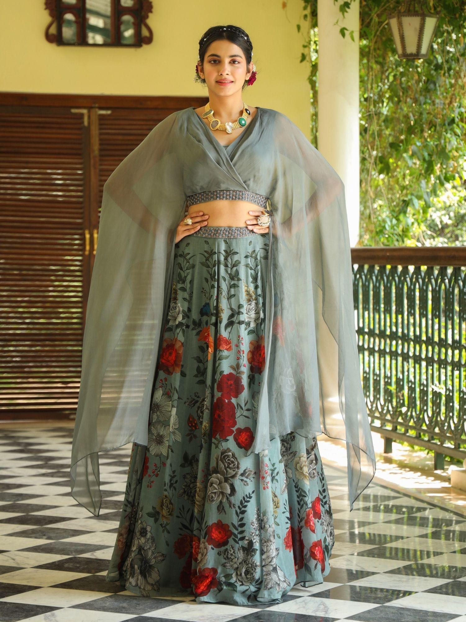 teal organza poncho style top with organza floral print fusion lehenga (set of 2)