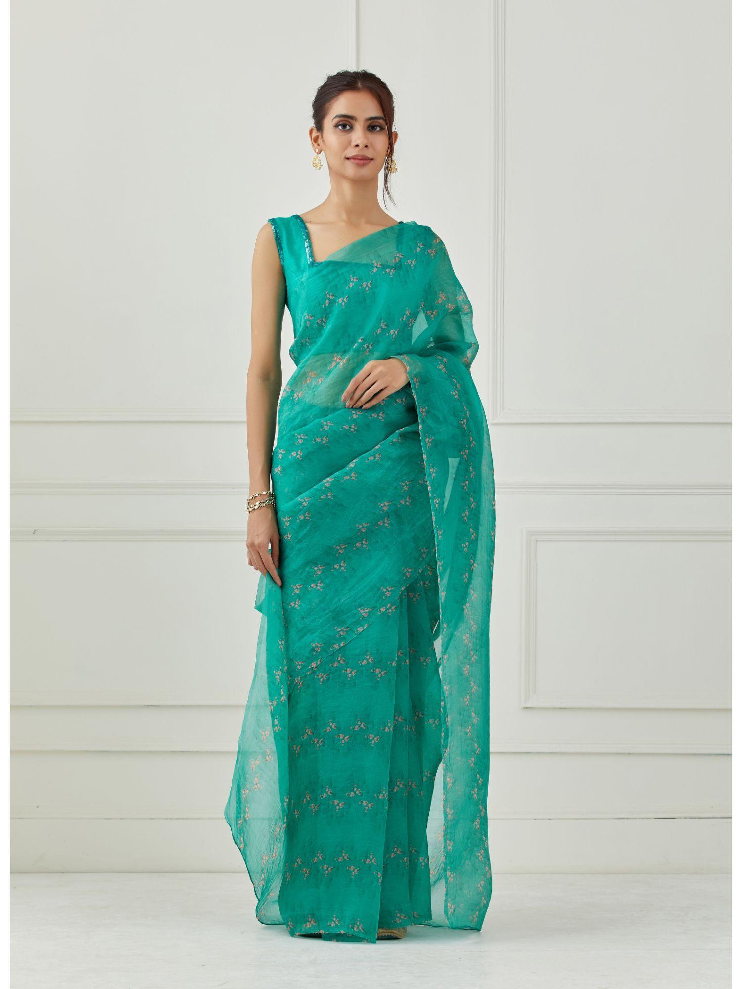 teal organza saree with stitched blouse