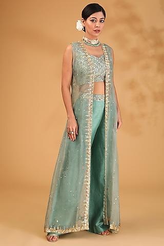 teal organza sequin embellished cape set