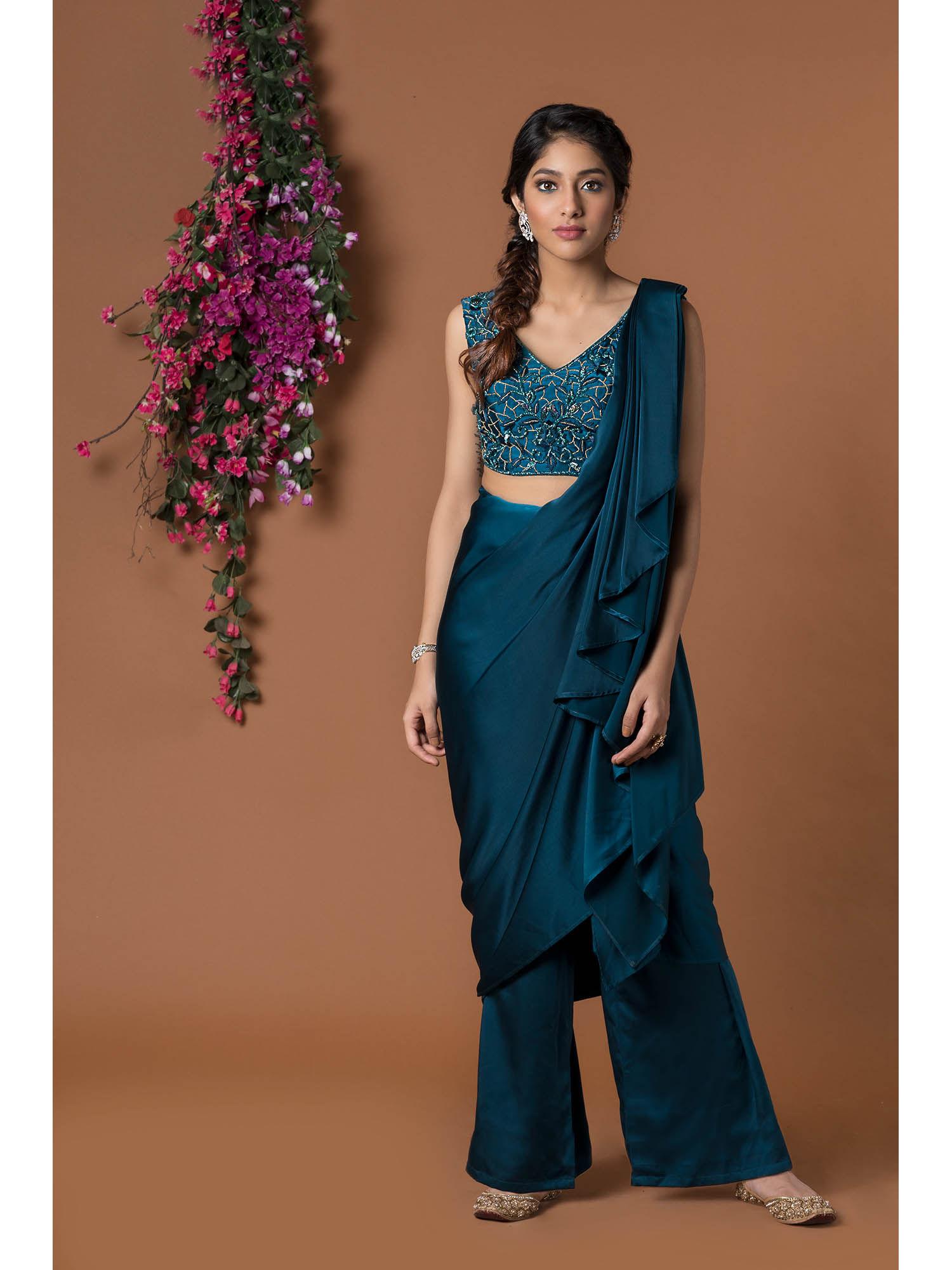 teal pant saree with blouse and belt (set of 4) with stitched