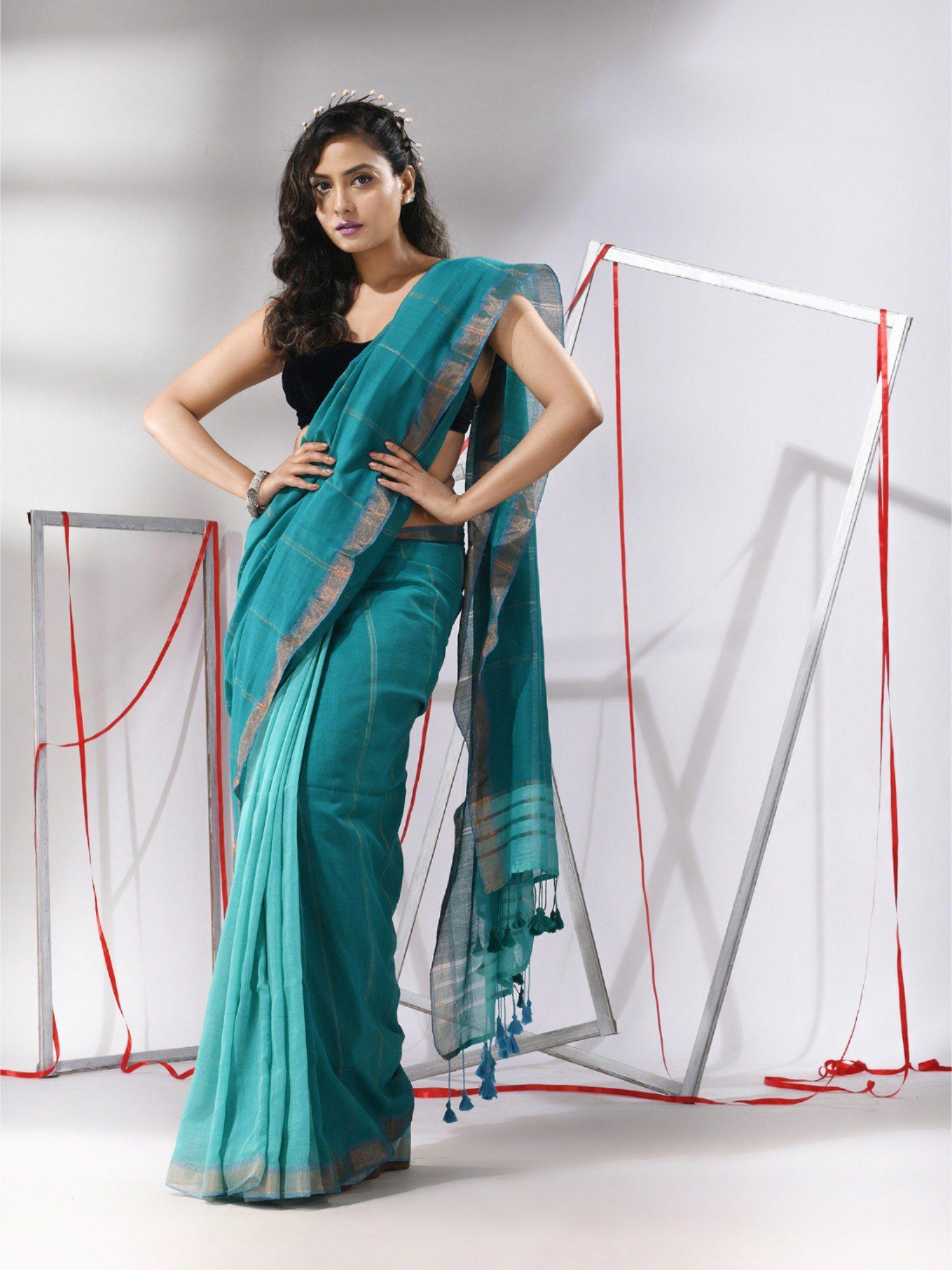 teal patli pallu cotton zari borders saree with unstitched blouse