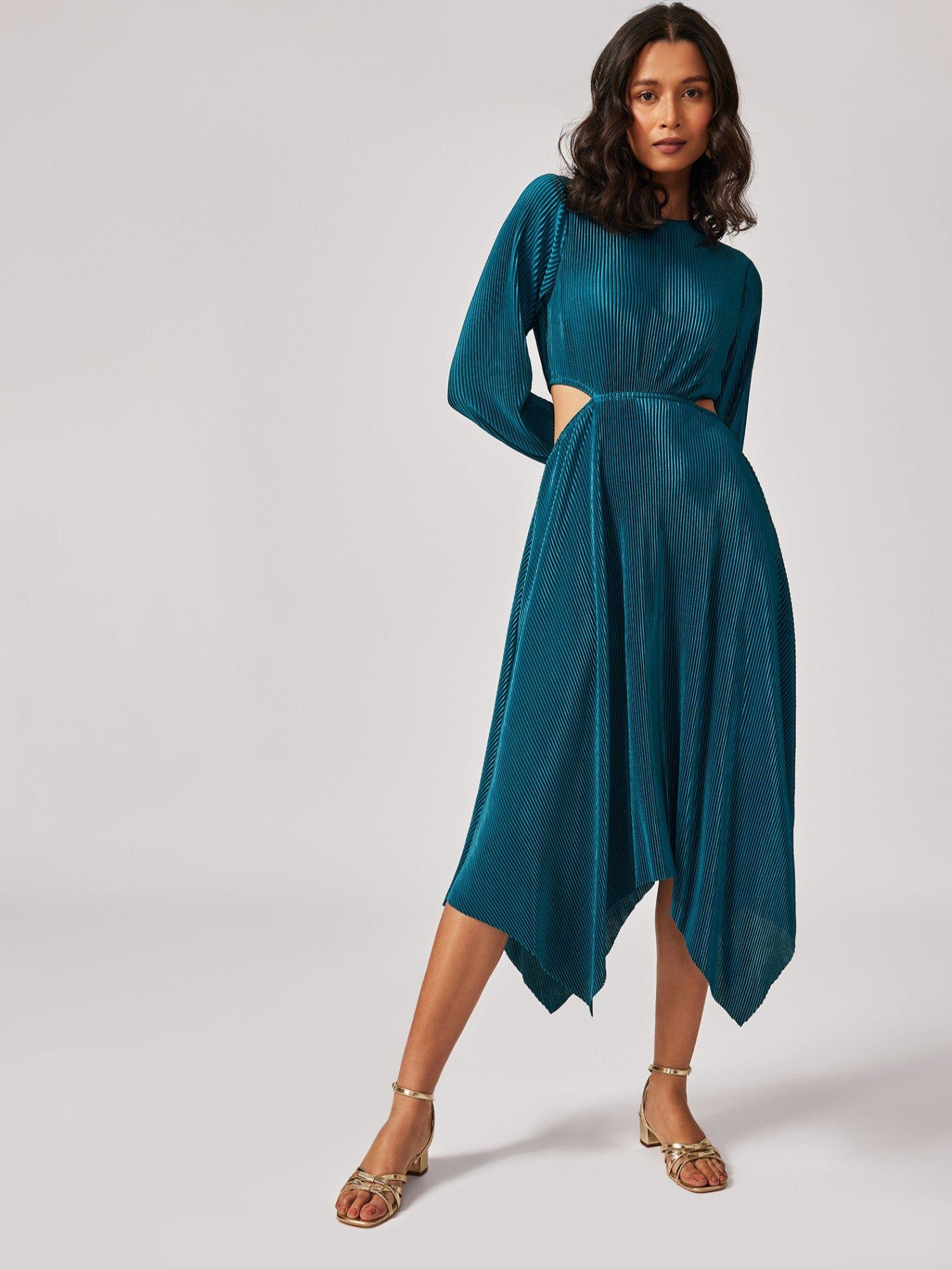 teal pleated cut out dress