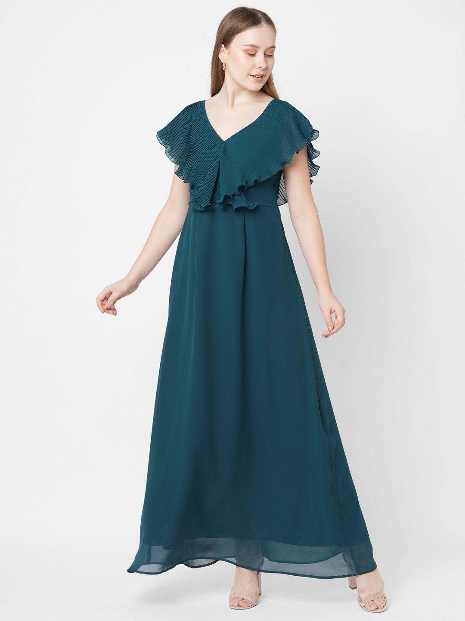 teal pleated frill style maxi dress