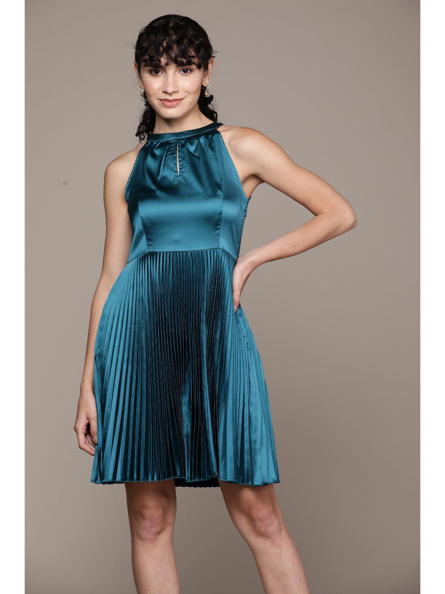 teal pleated knee length dress