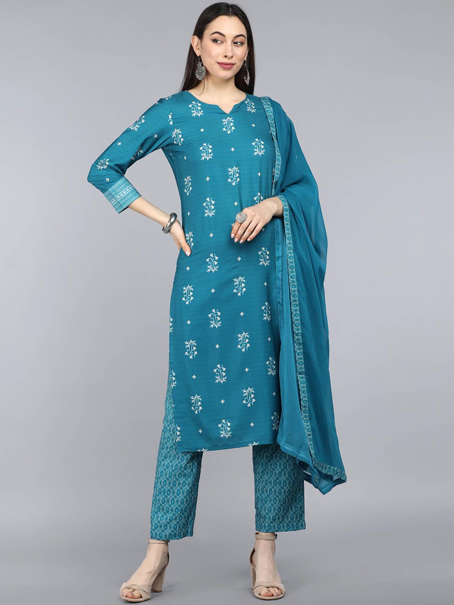 teal poly crepe ethnic motifs printed straight kurta pants with dupatta (set of 3)