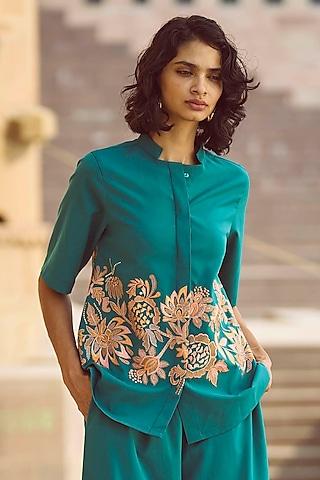 teal polyester viscose floral embroidered top