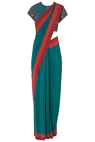 teal pre-stitched saree with floral embroidered blouse