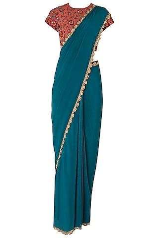 teal pre-stitched saree with rust embroidered blouse