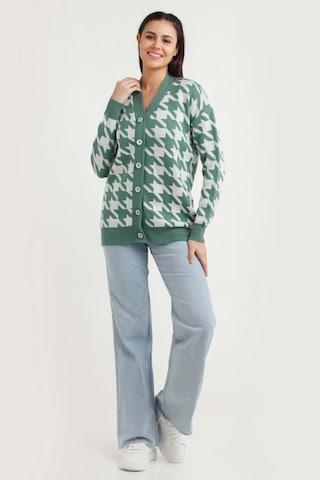 teal print acrylic v neck women regular fit sweaters