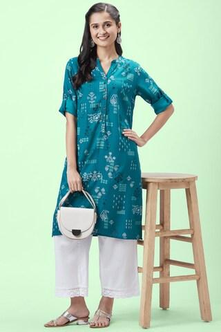 teal print casual mandarin 3/4th sleeves knee length women regular fit kurta