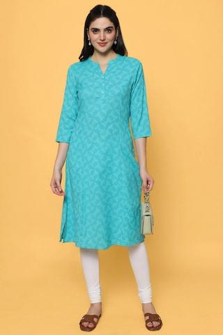 teal print casual rounded v-neck 3/4th sleeves full length women straight fit kurta