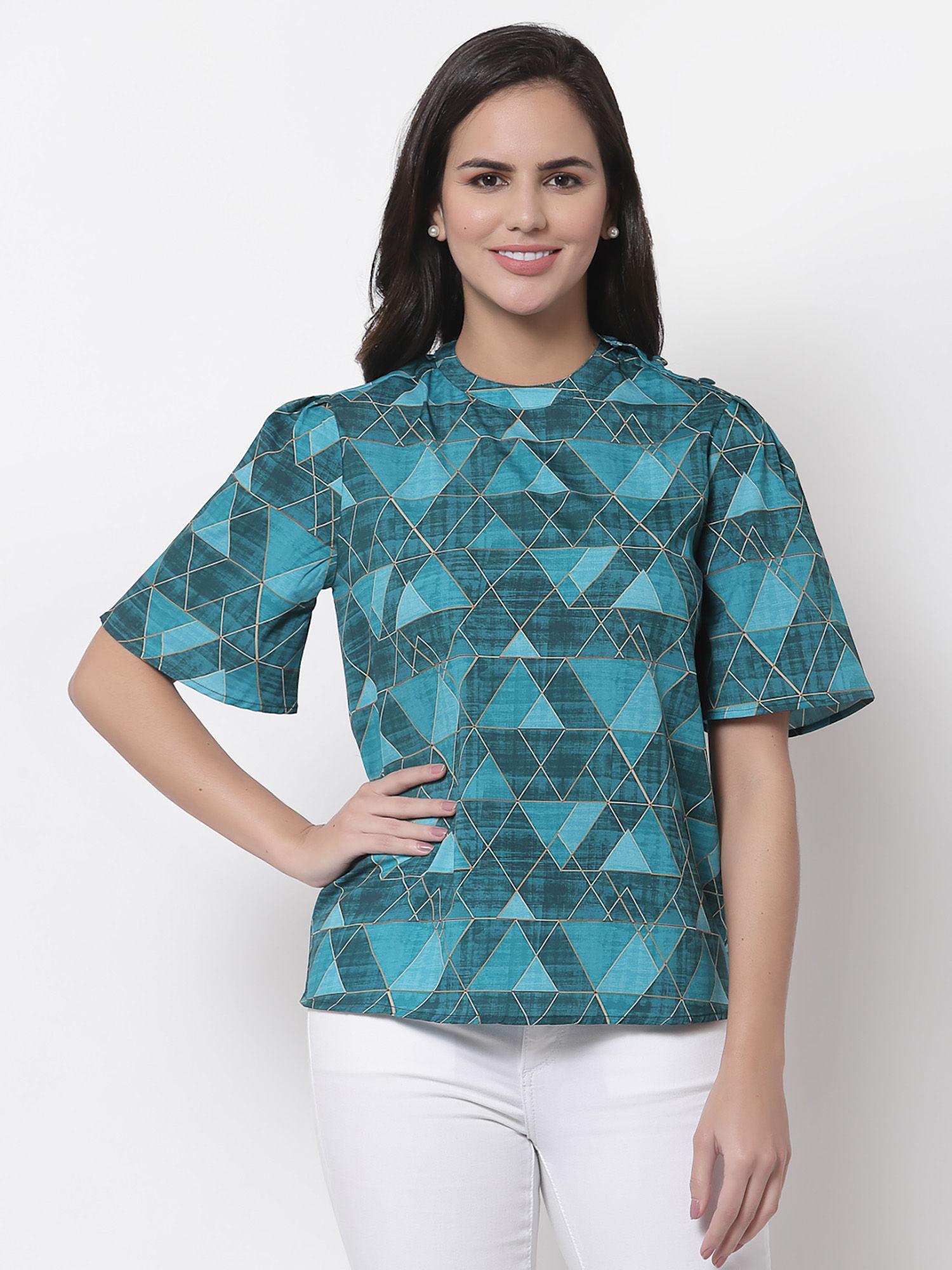 teal print crepe top