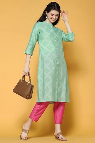 teal print ethnic band collar 3/4th sleeves knee length women a-line fit kurta