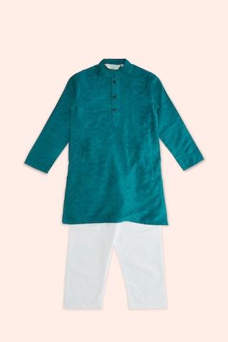 teal print ethnic mandarin full sleeves thigh-length boys regular fit pant kurta set