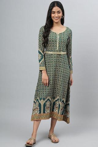 teal print round neck ethnic calf-length full sleeves women a-line fit dress