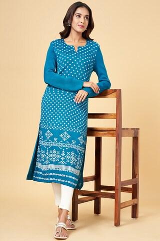 teal print winter wear round neck full sleeves calf-length women regular fit kurta