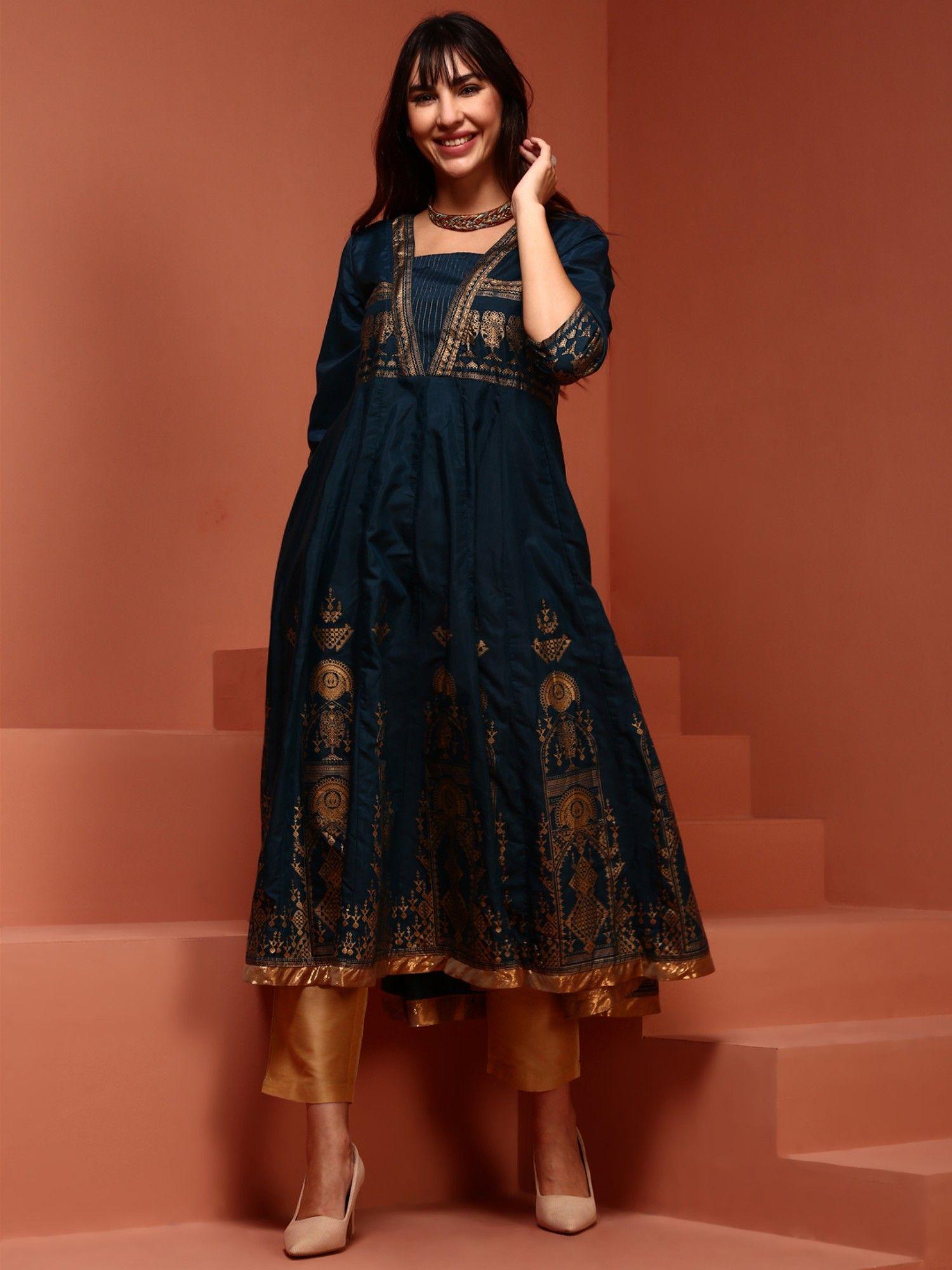 teal printed anarkali kurta