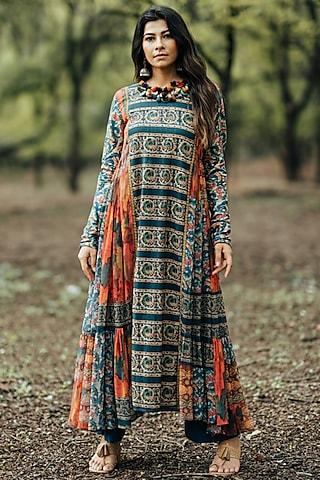 teal printed anarkali set