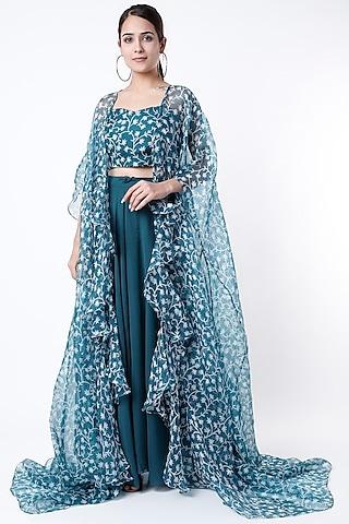 teal printed cape set