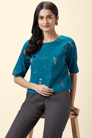 teal printed casual elbow sleeves round neck women regular fit top