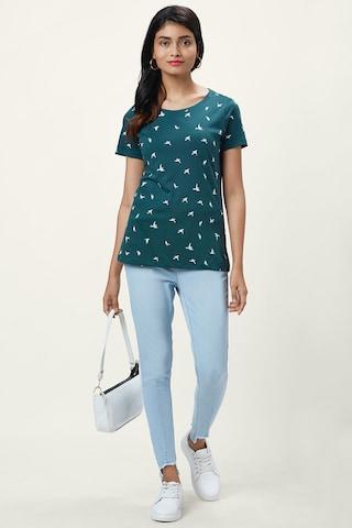 teal printed casual half sleeves round neck women regular fit t-shirt