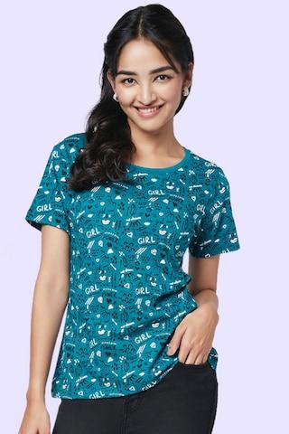 teal printed casual half sleeves round neck women regular fit t-shirt