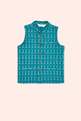 teal printed casual sleeveless mandarin boys regular fit waistcoat