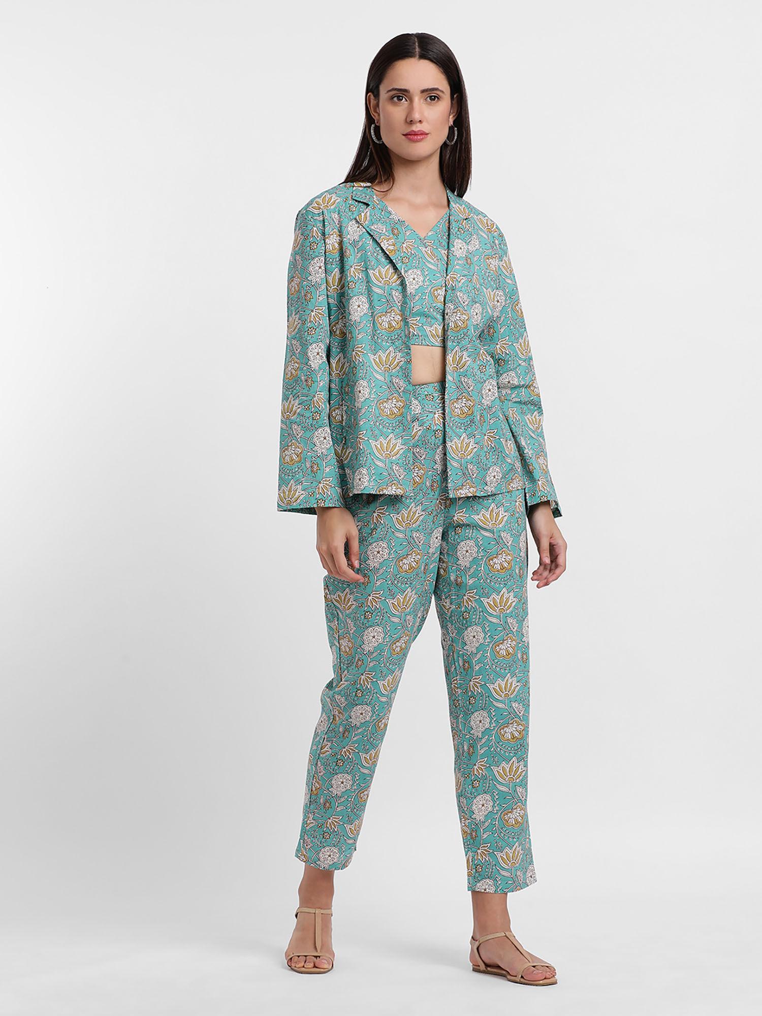 teal printed cotton top with jacket & pant (set of 3)
