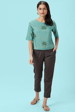 teal printed ethnic elbow sleeves round neck women regular fit top