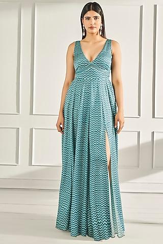 teal printed gown