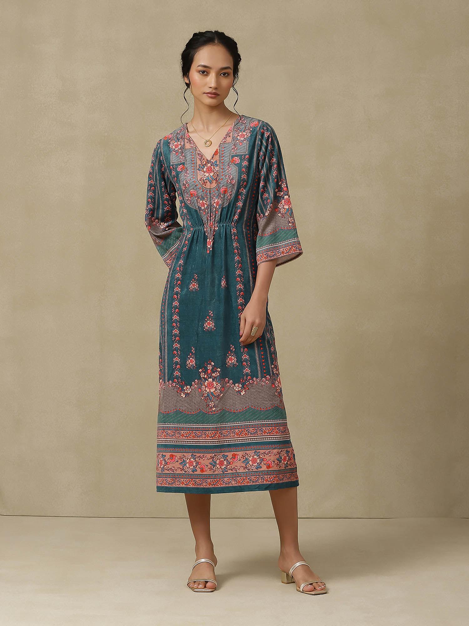 teal printed kaftan dress