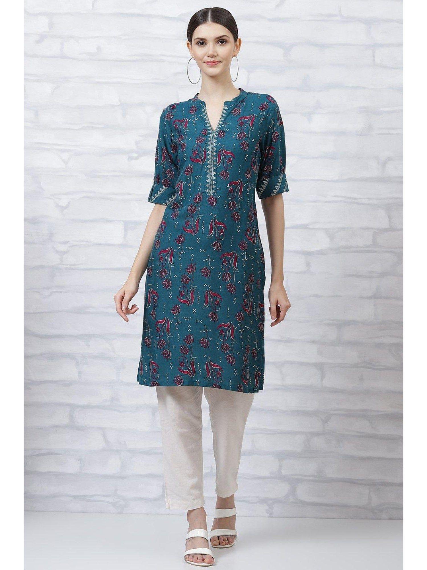 teal printed kurta