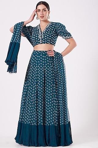 teal printed lehenga set