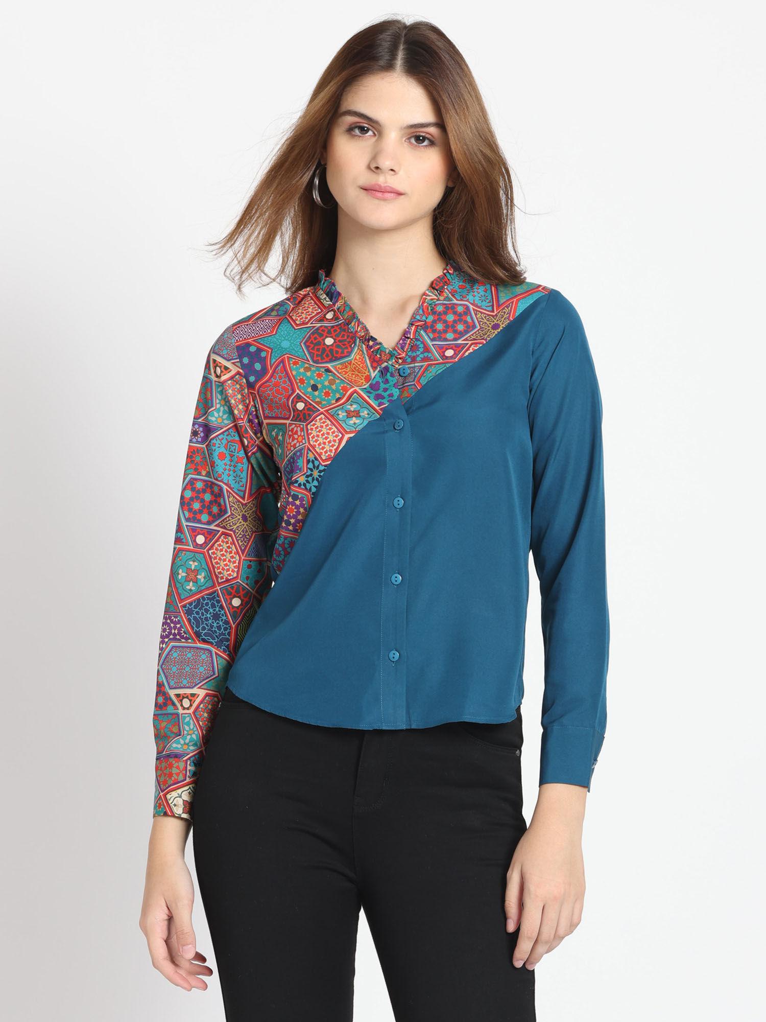 teal printed long sleeves casual shirts for women