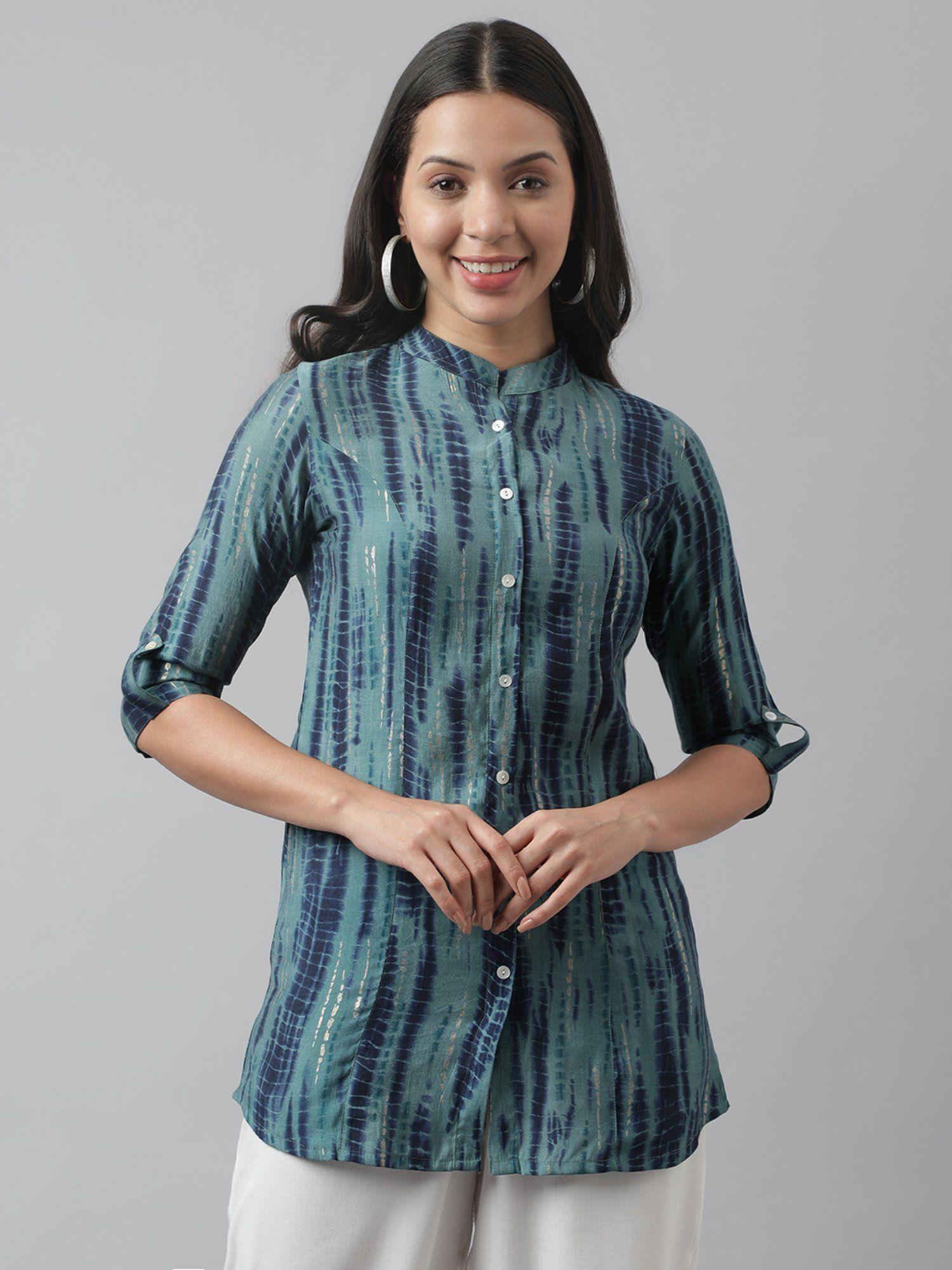 teal printed muslin a-line shirt style top