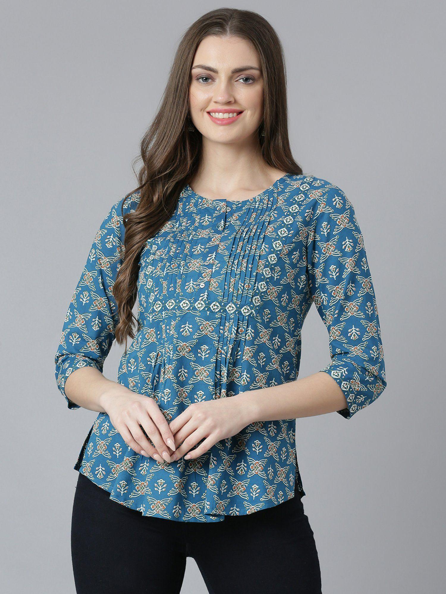 teal printed pintucks detail top