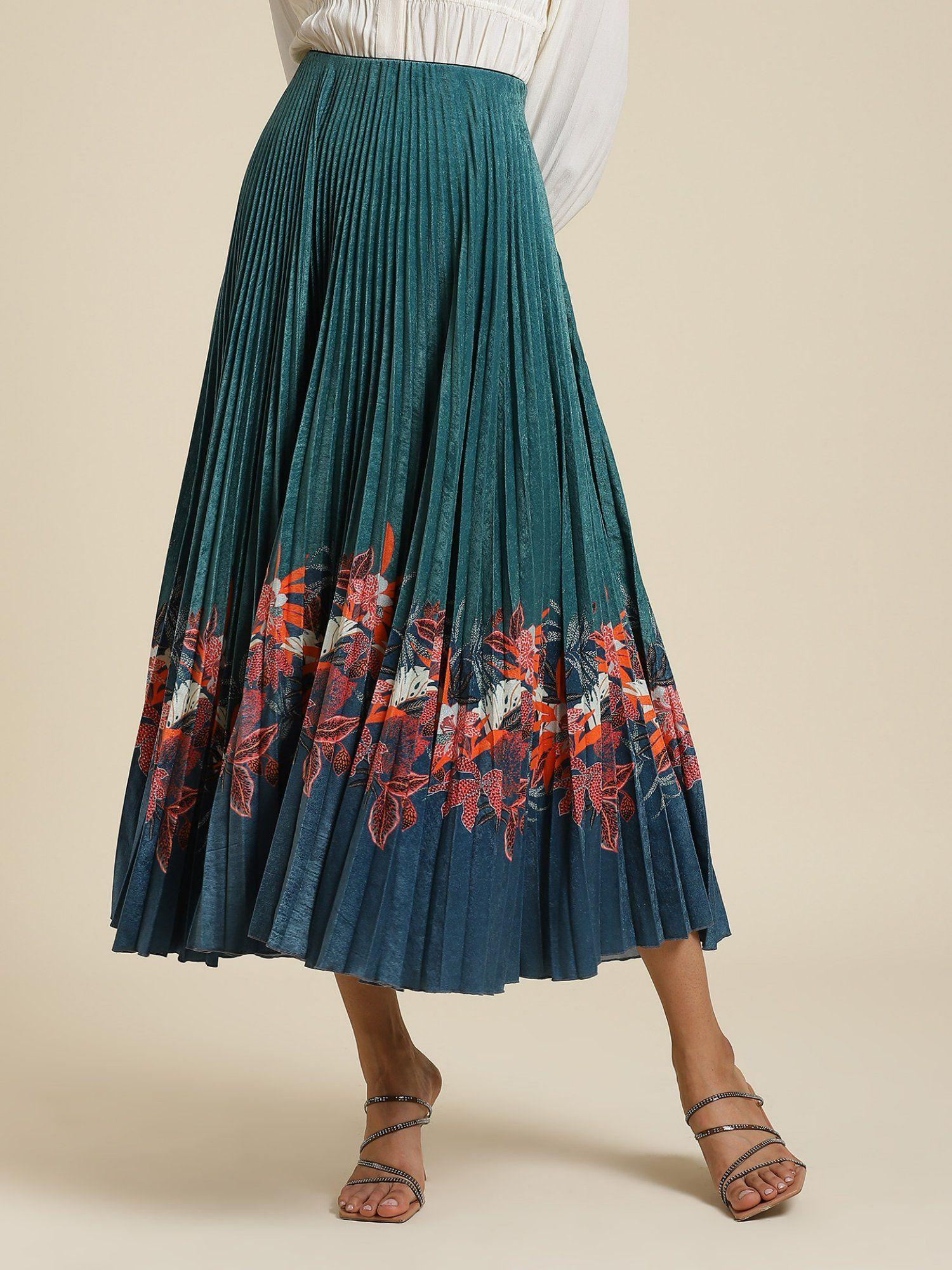 teal printed pleated skirt